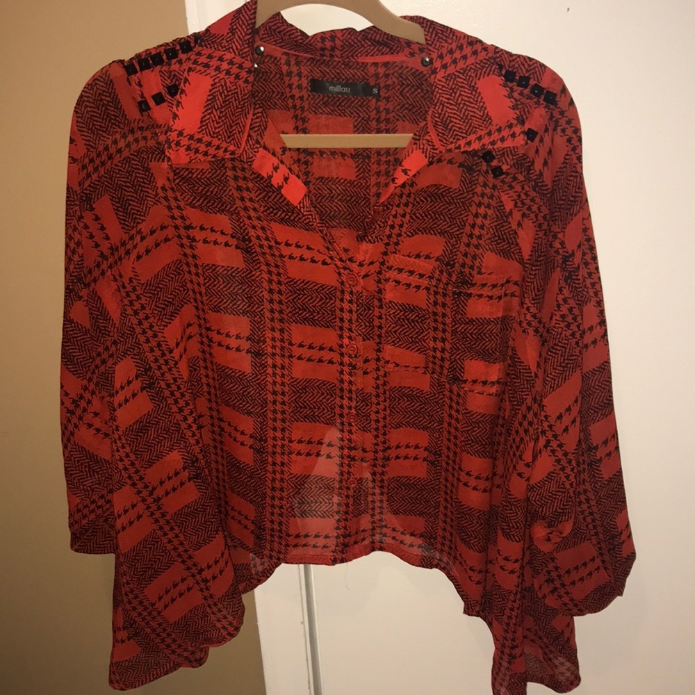 Red Blouse with Black Studs on Shoulders